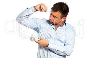 one man sweat stain perspire drying shirt