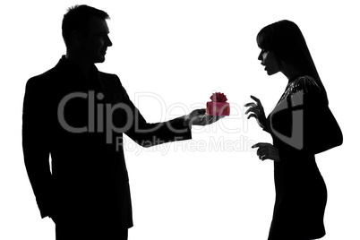one couple lovers man offering present gift and woman happy surp