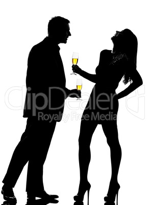 silhouette couple man and woman drinking champagne partying