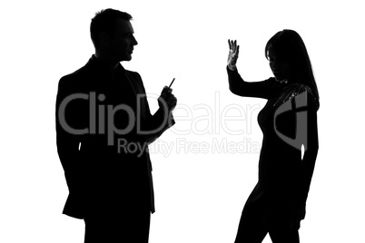 one couple man smoking cigarette and woman disturbed