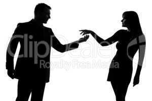 one couple man holding out inviting hand in hand woman