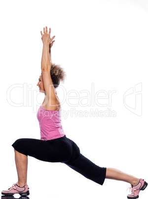 woman yoga virabhadrasana stretching warrior posture pose