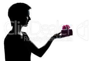 one young teenager girl offering present gift silhouette
