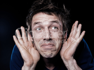 Funny Man Portrait with hearing problem