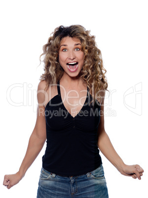 Beautiful screaming happy curly hair Woman