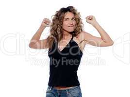 one strong powerful woman flexing muscles proud