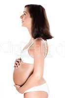 Pregnant woman belly profile side view thinking pensive