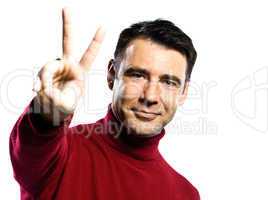 caucasian man peace sign gesture