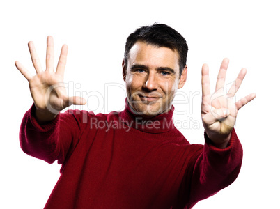 caucasian man 9 nine showing  fingers