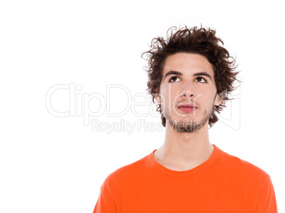 young man portrait serious looking up