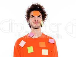 one young man portrait covered by  adhesive notes