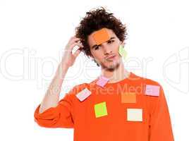 one young man portrait covered by  adhesive notes