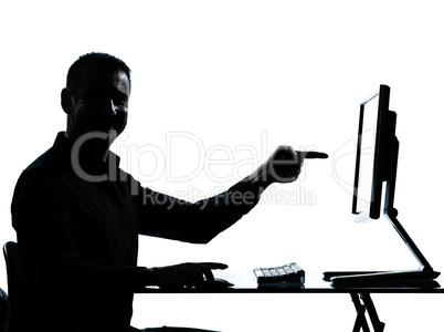 one business man silhouette computer computing pointing gesture