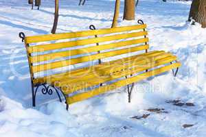 Yellow bench in winter park