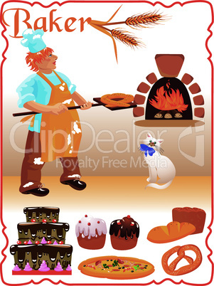 young red haired baker with white cat next to fire place and set of different bakery