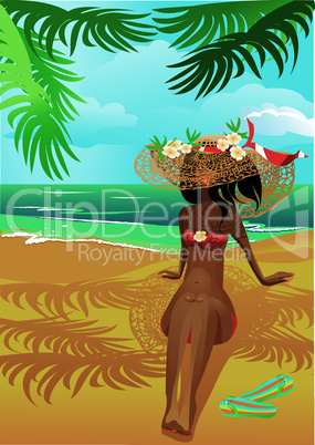 Girl on a tropical beach with straw hat