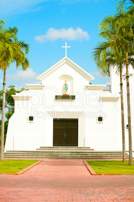 Traditional American white church in the fall