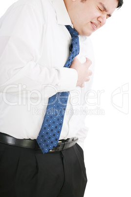 Man dressed in formal wear having a heart attack