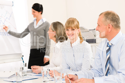 Giving presentation young woman during meeting