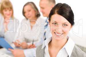 Young executive woman look camera during meeting