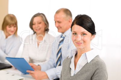 Young executive woman look camera during meeting