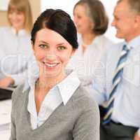 Young executive woman look camera during meeting