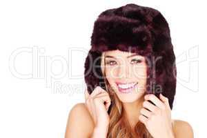 Happy Woman In Winter Fur Hat