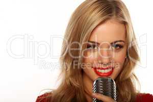 Smiling Woman Holding Microphone