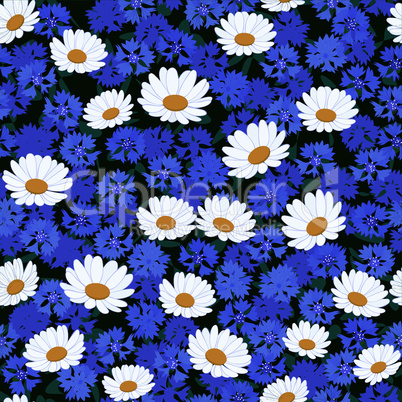 Seamless pattern with camomiles and cornflower background