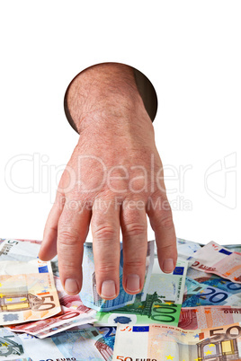 Hand kommt durch das Loch und nimmt Geld