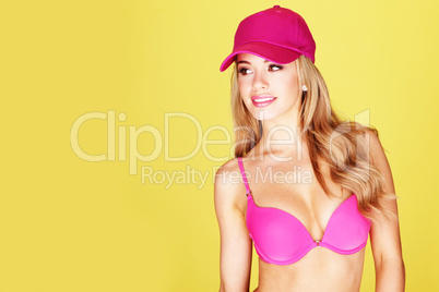 Smiling Pretty Woman In Pink Bikini