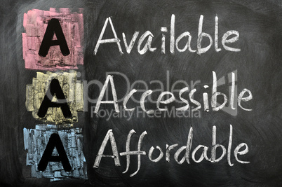 Acronym of AAA - available, accessible. affordable