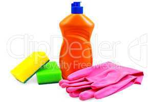 Bottle of detergent with rubber gloves and two sponges