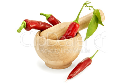 Fresh chili peppers in mortar