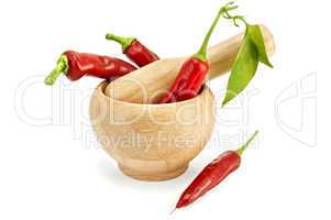 Fresh chili peppers in mortar