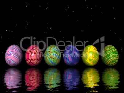 Easter colored eggs upon water by night