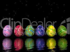 Easter colored eggs upon water by night