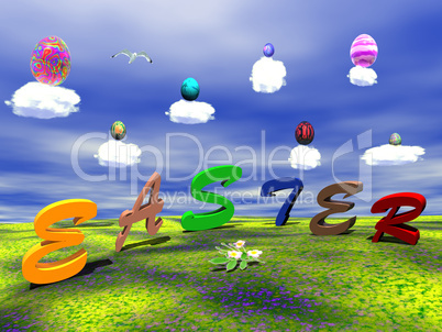 Easter colored eggs upon clouds
