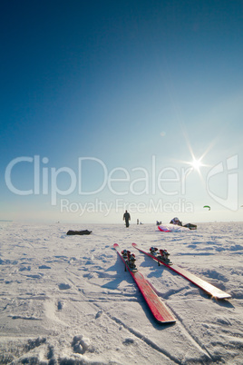 Close up of skis and the person in a distance