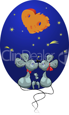 cartoon of a Male Mouse and a Female Mouse on sky background with stars and moon-heart - shaped Cheese