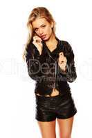 Demure young blonde in leather