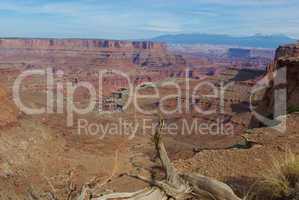 Dry log, abyss, road and mountains, Canyonlands Nationalpark