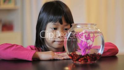 Girl Admiring Her Purple Betta Fish