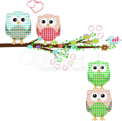 Set of nature elements: owls and birds on branches and tree