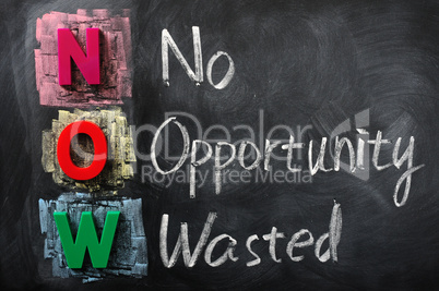 Acronym of NOW for No Opportunity Wasted