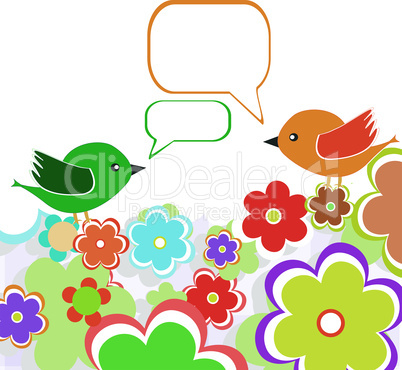 Greeting card with two birds under flowers with bubbles vector