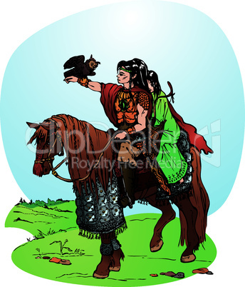 Illustration for fantasy fairy tale: 2 elfs riding on horse