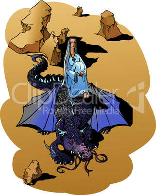 Fantasy fairy tail illustration: beautiful girl and dragon in desert