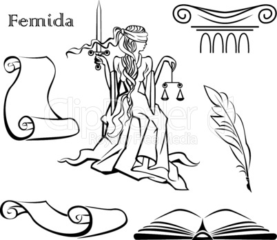 Set of justice symbols (book, column, pen, scroll of parchment) and Femida - a goddess of justice
