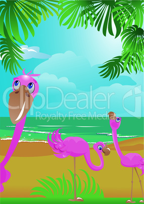 Portrait border with flamingos on beautiful tropical beach